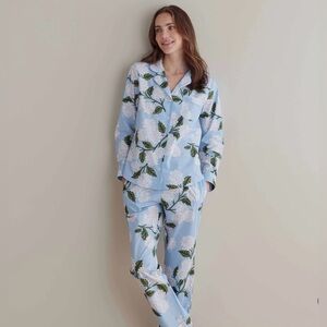 Rifle Paper x Company Store Poplin Button Front Pajama Set Hydrangea Blue Large